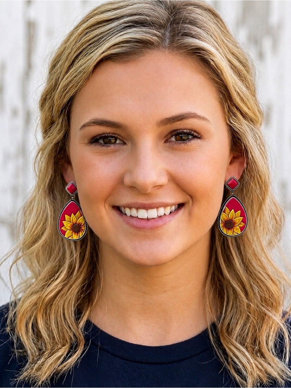 NWT Earrings Sunflower Red Yellow Pendant Teardrop